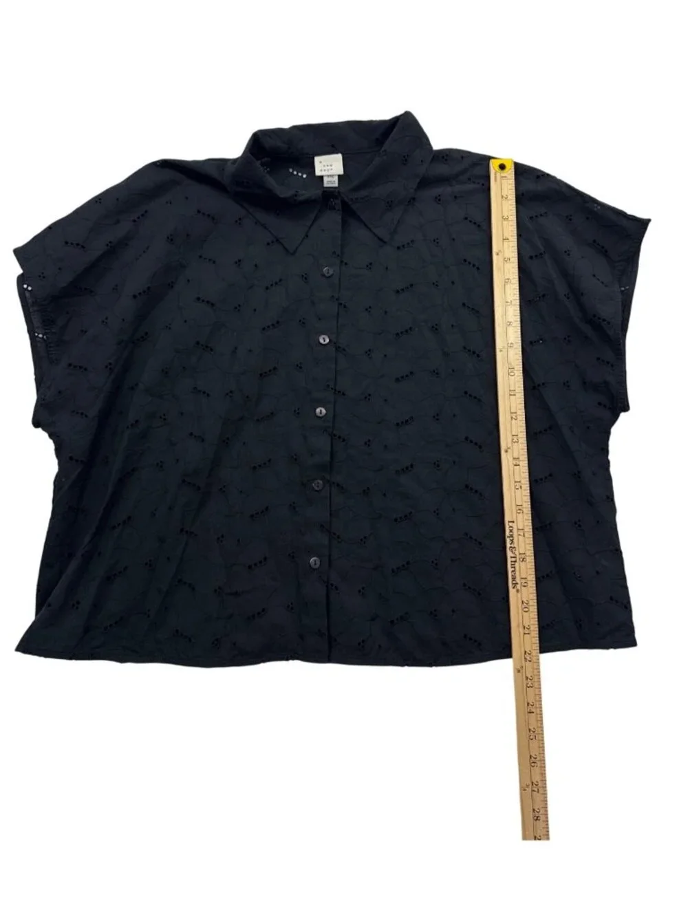 A New Day Women's XXL Black Eyelet Blouse Short Sleeve Button Up Cotton Feminine
